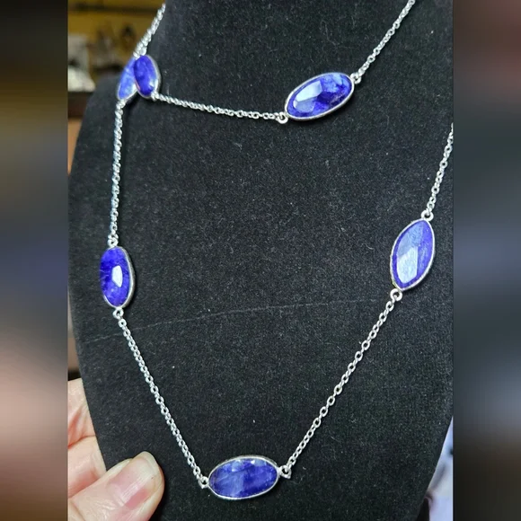 Lapis lazule natural crystal gemstone sterling station necklace 16"/33" - Picture 6 of 9